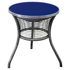Streamline Modern End or Side Table w/Steel Frame & Round Cobalt Blue Mirror Top