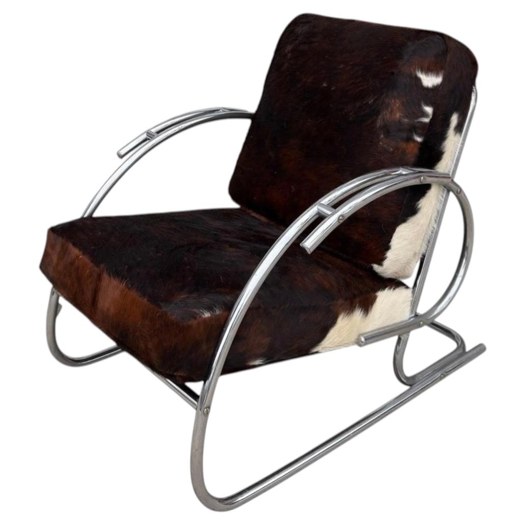 Streamline Moderne Art Deco Tubular Chrome Chair W Cowhide Leather
