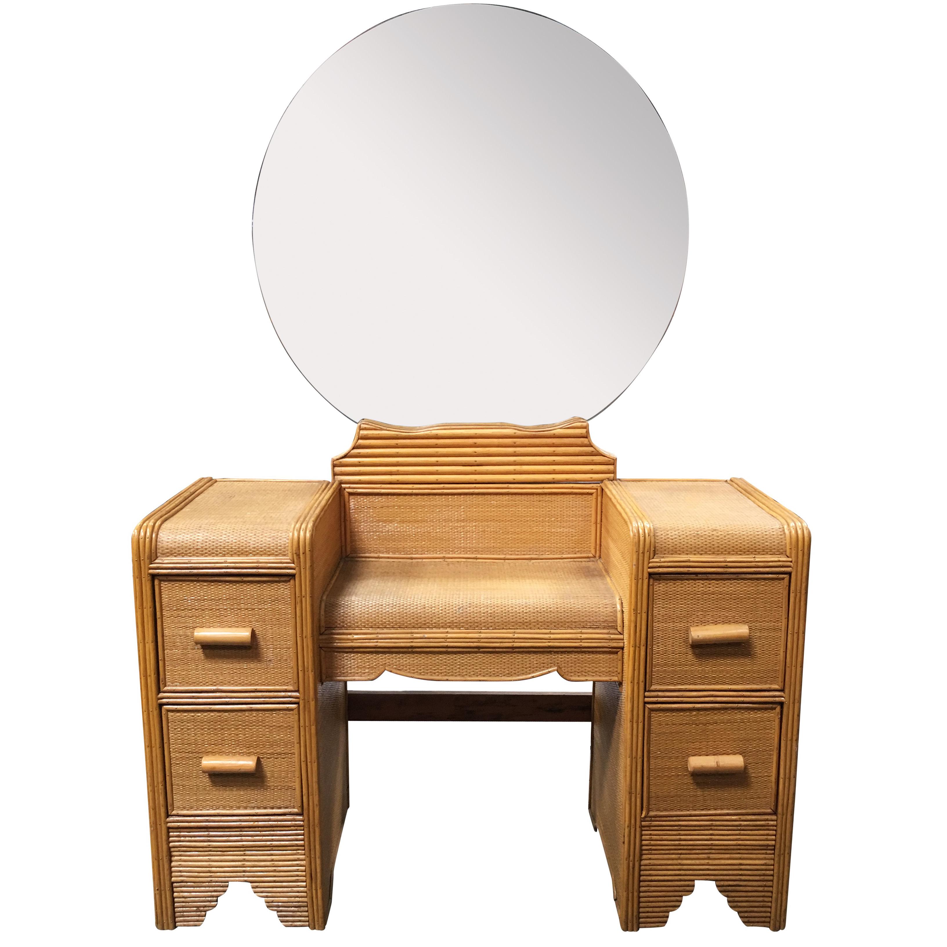 Streamline Stick Rattan Vanity with Rice Coverings and Round Mirror