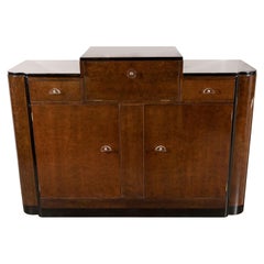 Streamlined Art Deco Bar/Cabinet in Bookmatched Elm with Plexi Pulls