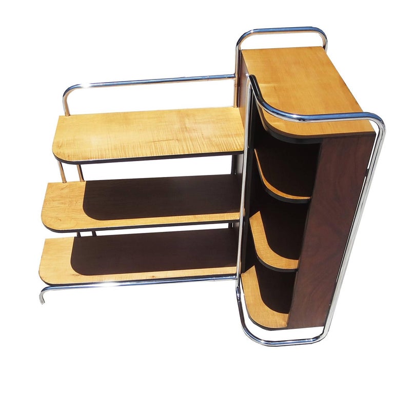 Streamlined Art Deco Corner Book Shelf in Chrome and Wood at