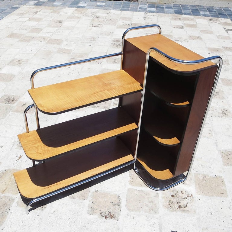 Streamlined Art Deco Corner Cabinet Book Shelf in Chrome and Wood at ...