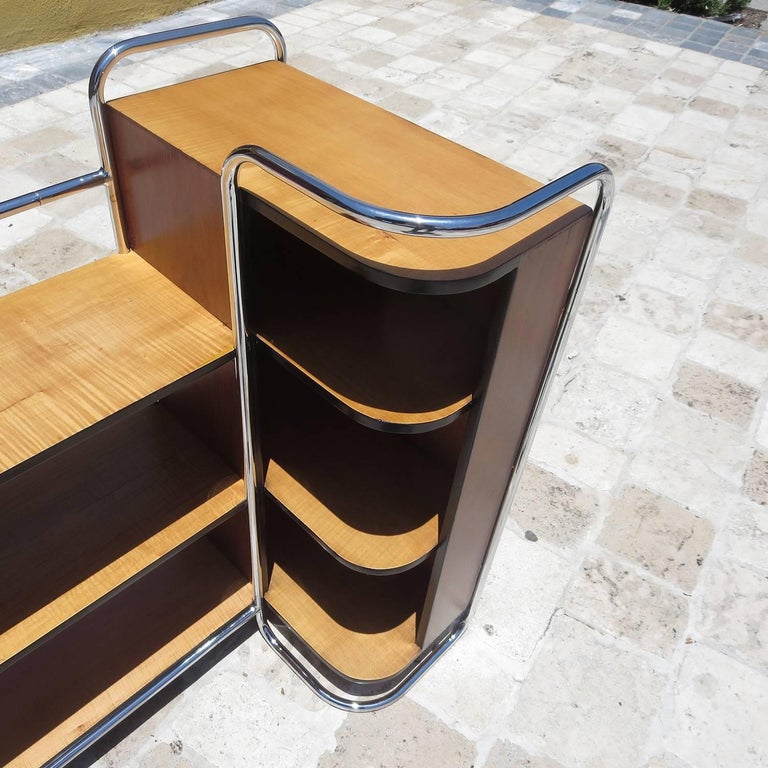 Streamlined Art Deco Corner Book Shelf in Chrome and Wood at