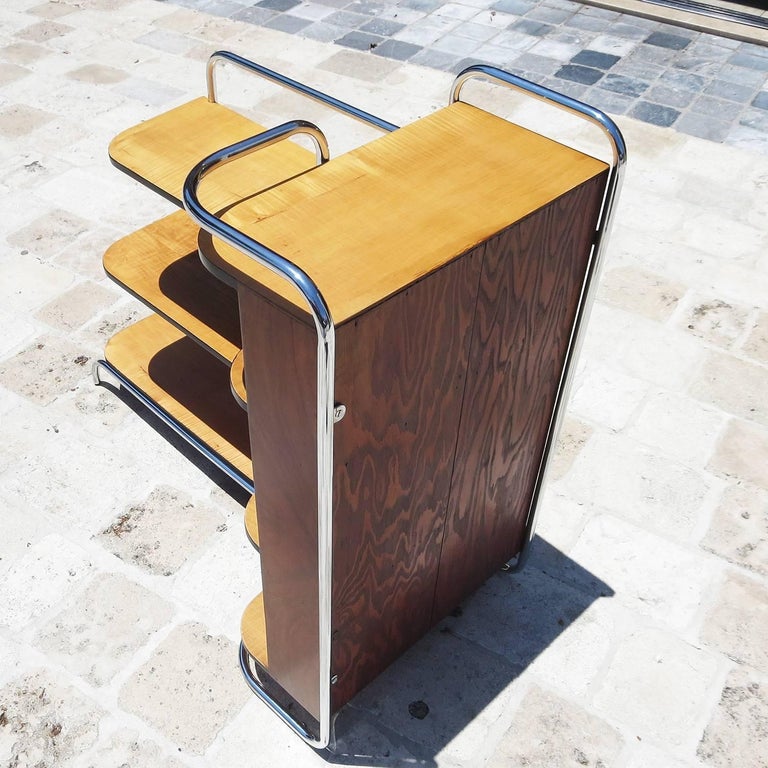 Streamlined Art Deco Corner Cabinet Book Shelf in Chrome and Wood at ...