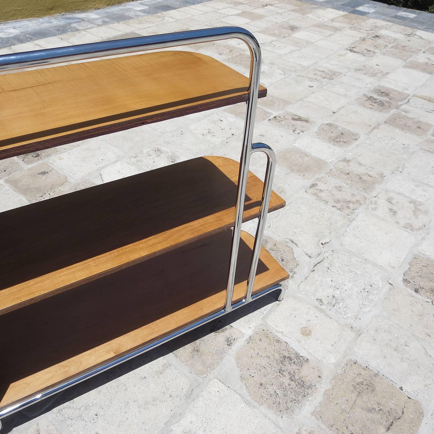 Streamlined Art Deco Corner Cabinet Book Shelf in Chrome and Wood 1