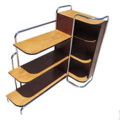 Vintage Streamlined Art Deco Corner Cabinet Book Shelf in Chrome and Wood