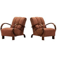 Streamlined Art Deco Lounge Chairs in Terracotta Motif Fabric
