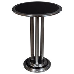 Streamlined Art Deco Machine Age Chrome, Black Enamel, & Vitrolite Side Table