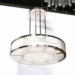 Streamlined Art Deco Revival Circular Chandelier in Polished Nickel & Glass