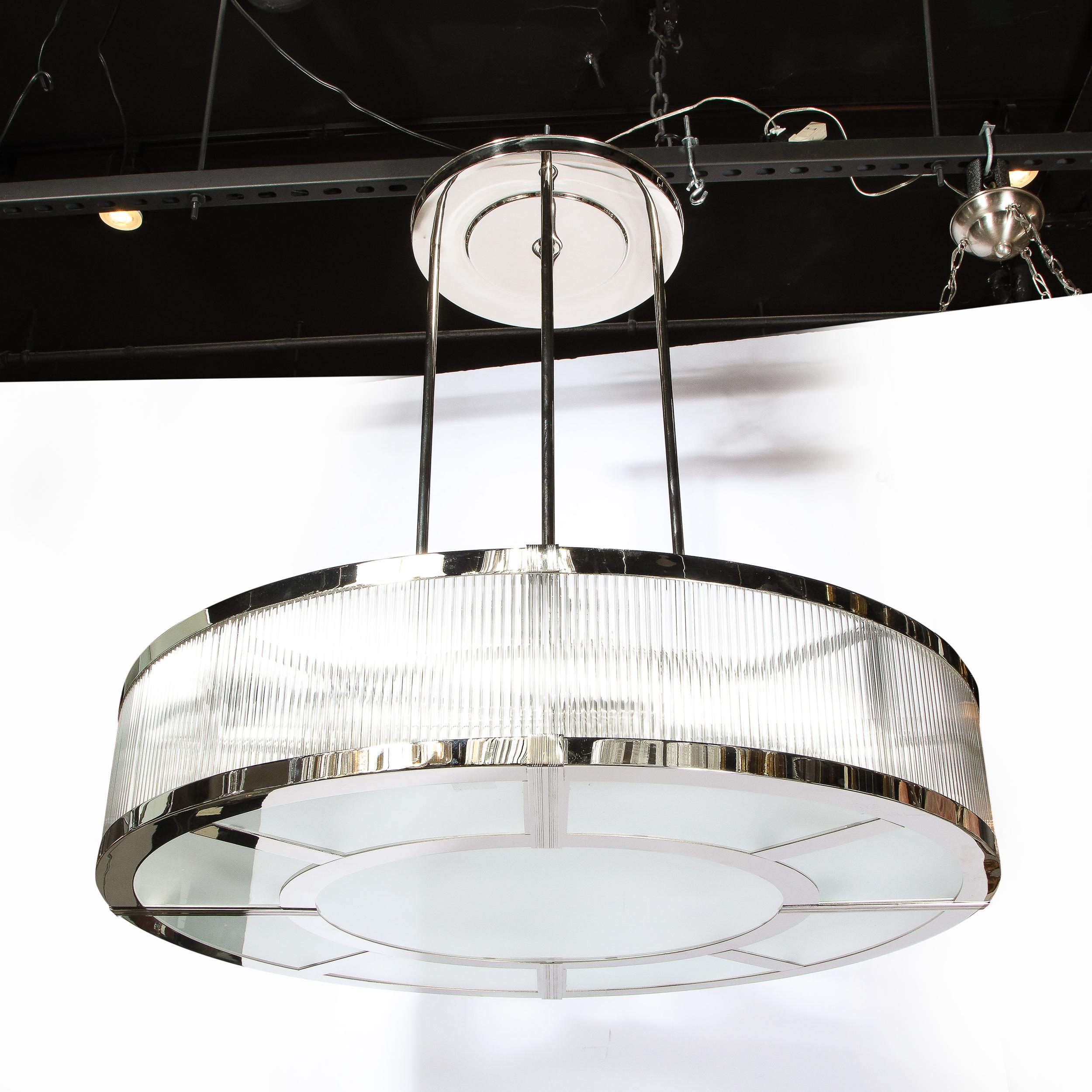Streamlined Art Deco Revival Circular Chandelier in Polished Nickel & Glass In Excellent Condition In New York, NY
