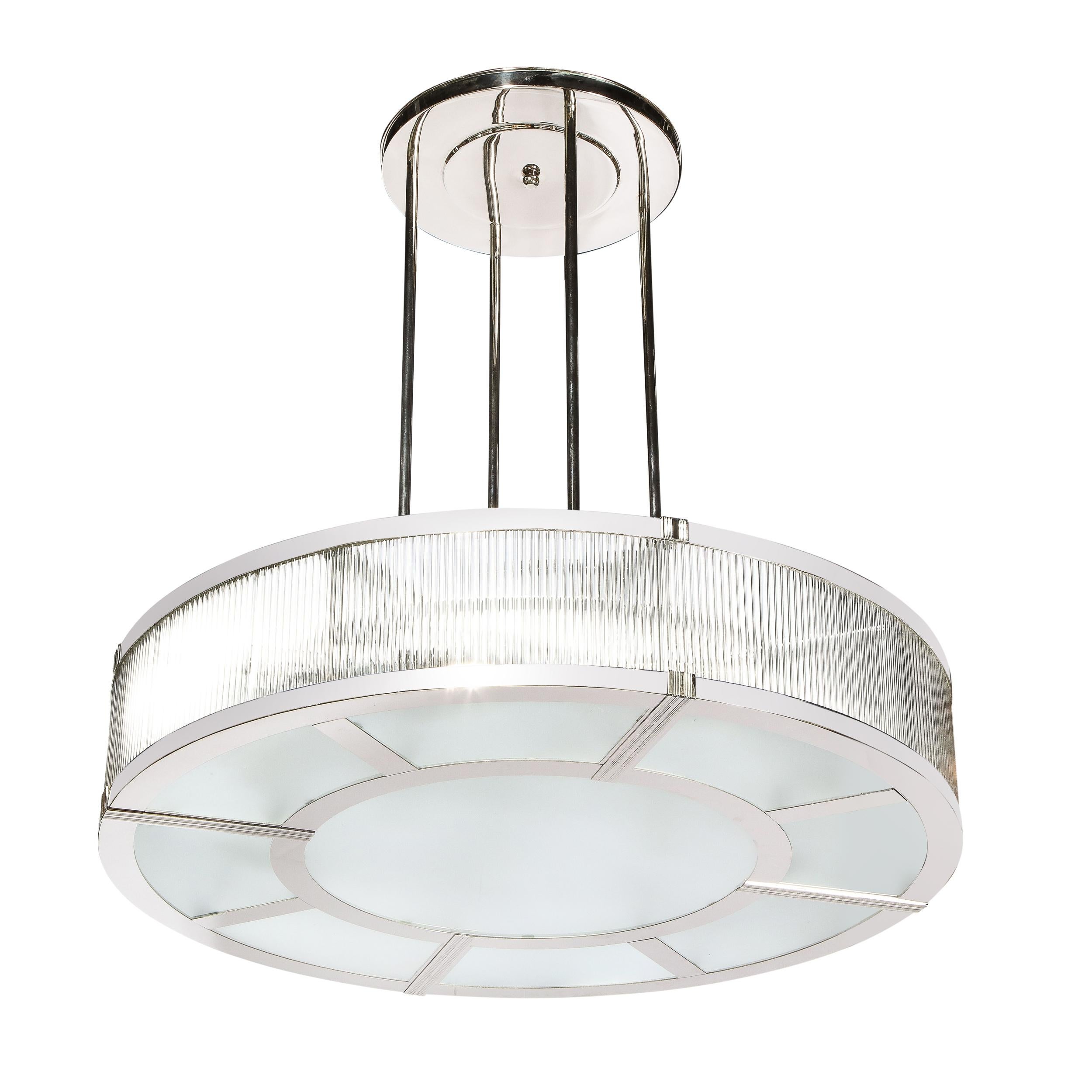 20th Century Streamlined Art Deco Revival Circular Chandelier in Polished Nickel & Glass