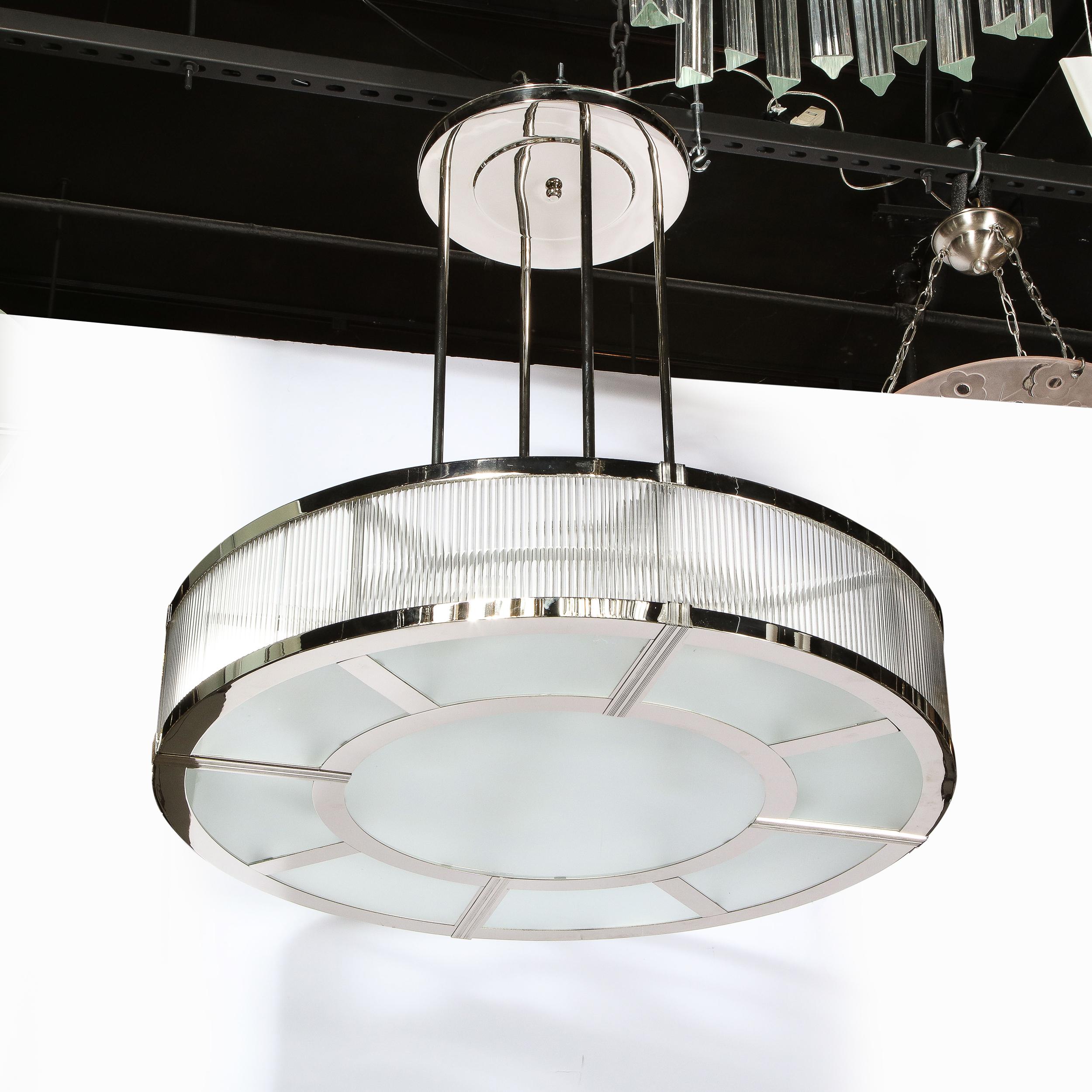 Streamlined Art Deco Revival Circular Chandelier in Polished Nickel & Glass 1