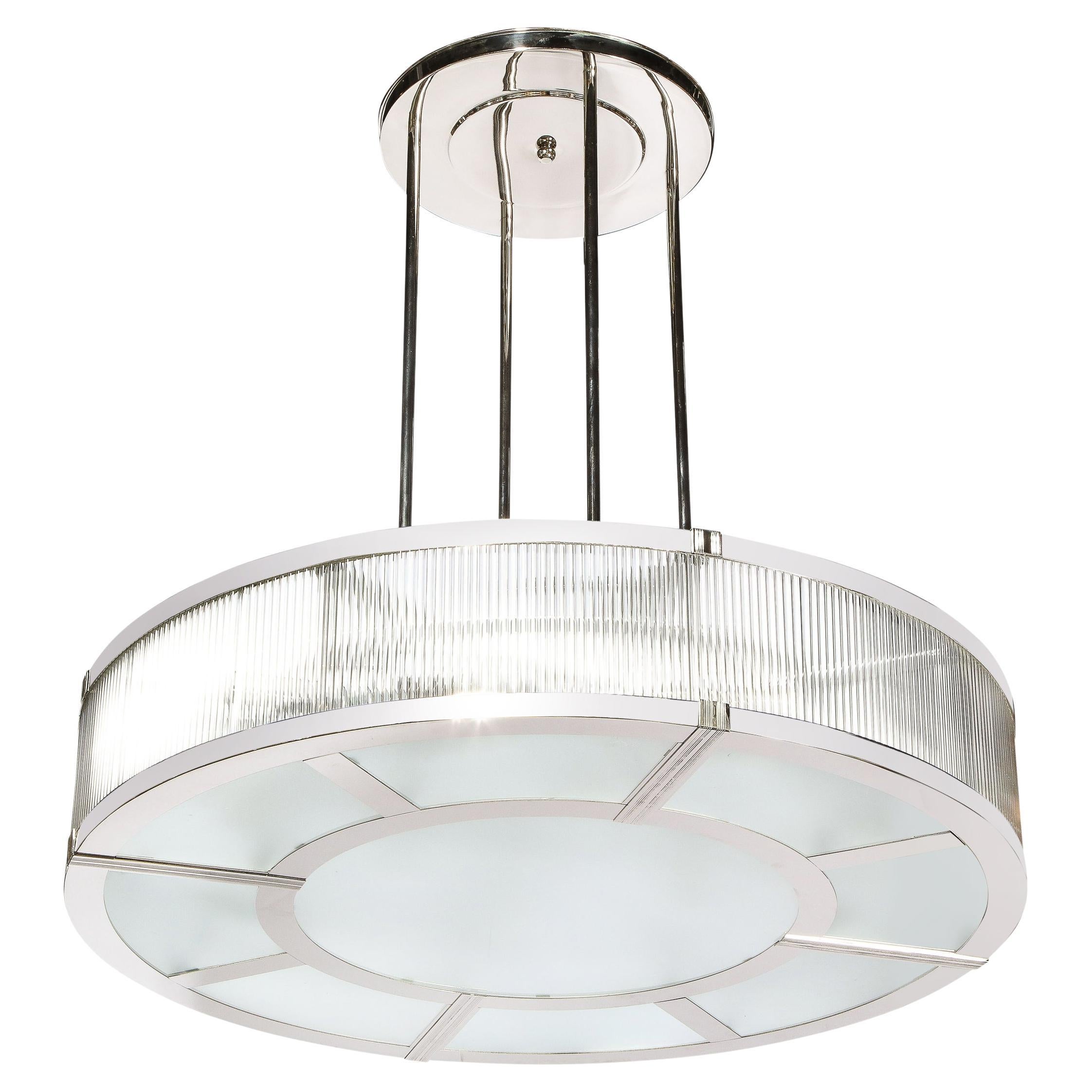 Streamlined Art Deco Revival Circular Chandelier in Polished Nickel & Glass