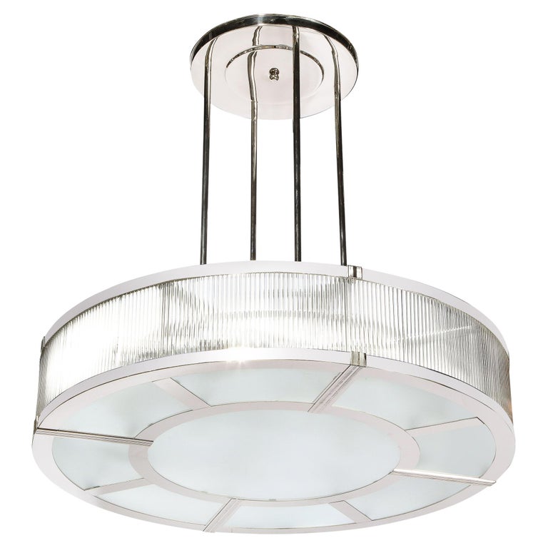 Streamlined Art Deco Revival Circular, Polished Nickel Chandelier For Office