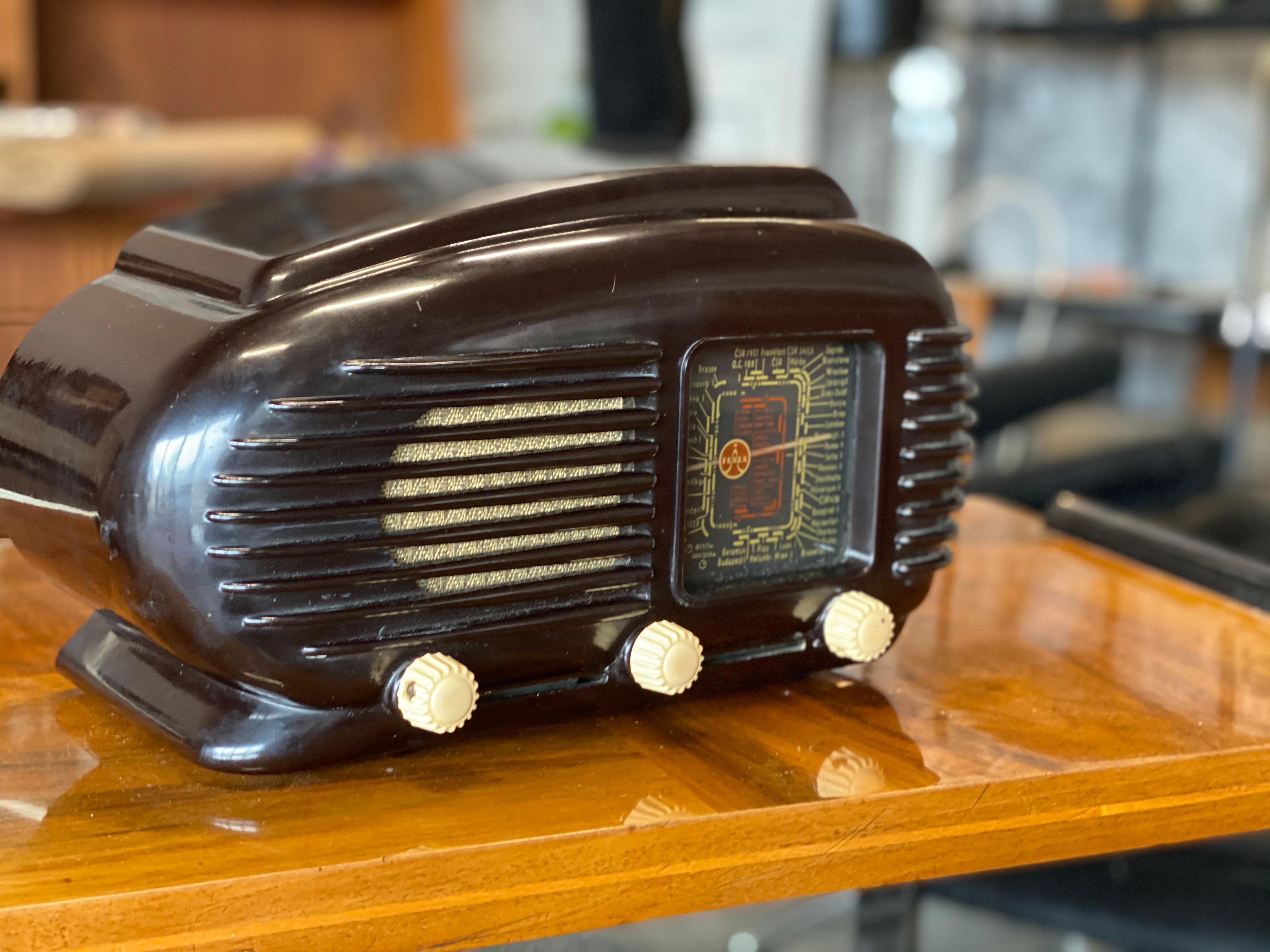 Talisman Radio by the Tesla company from the 1950s. A compact tabletop receiver in a streamlined design fondly referred to as the 