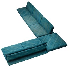 Streamlined Modern Living Room Set with Sofas and Ottoman in Green-Blue Patterned Upholstery and Chromed Metal