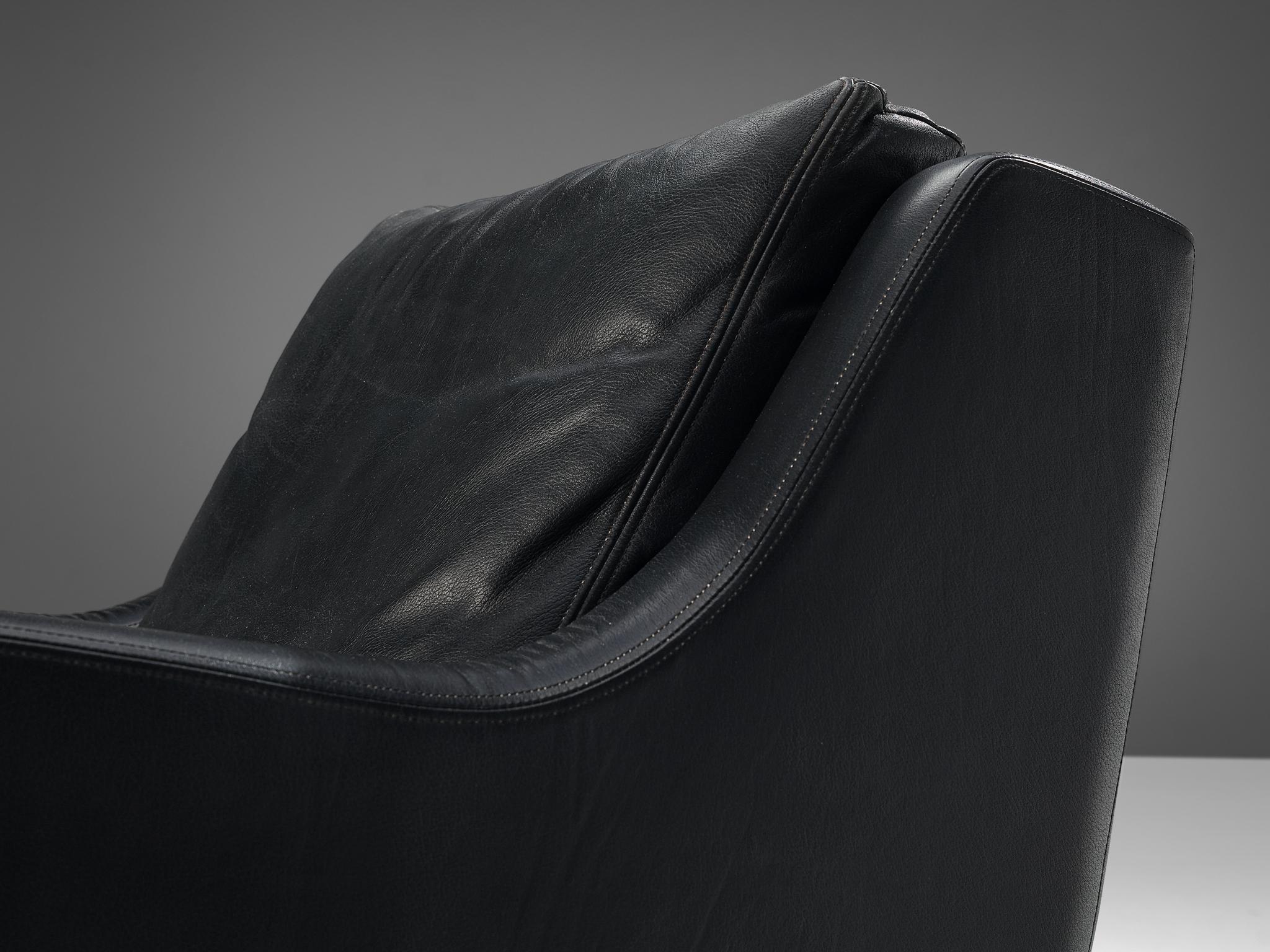 European Streamlined Modern Lounge Chair in Black Leather