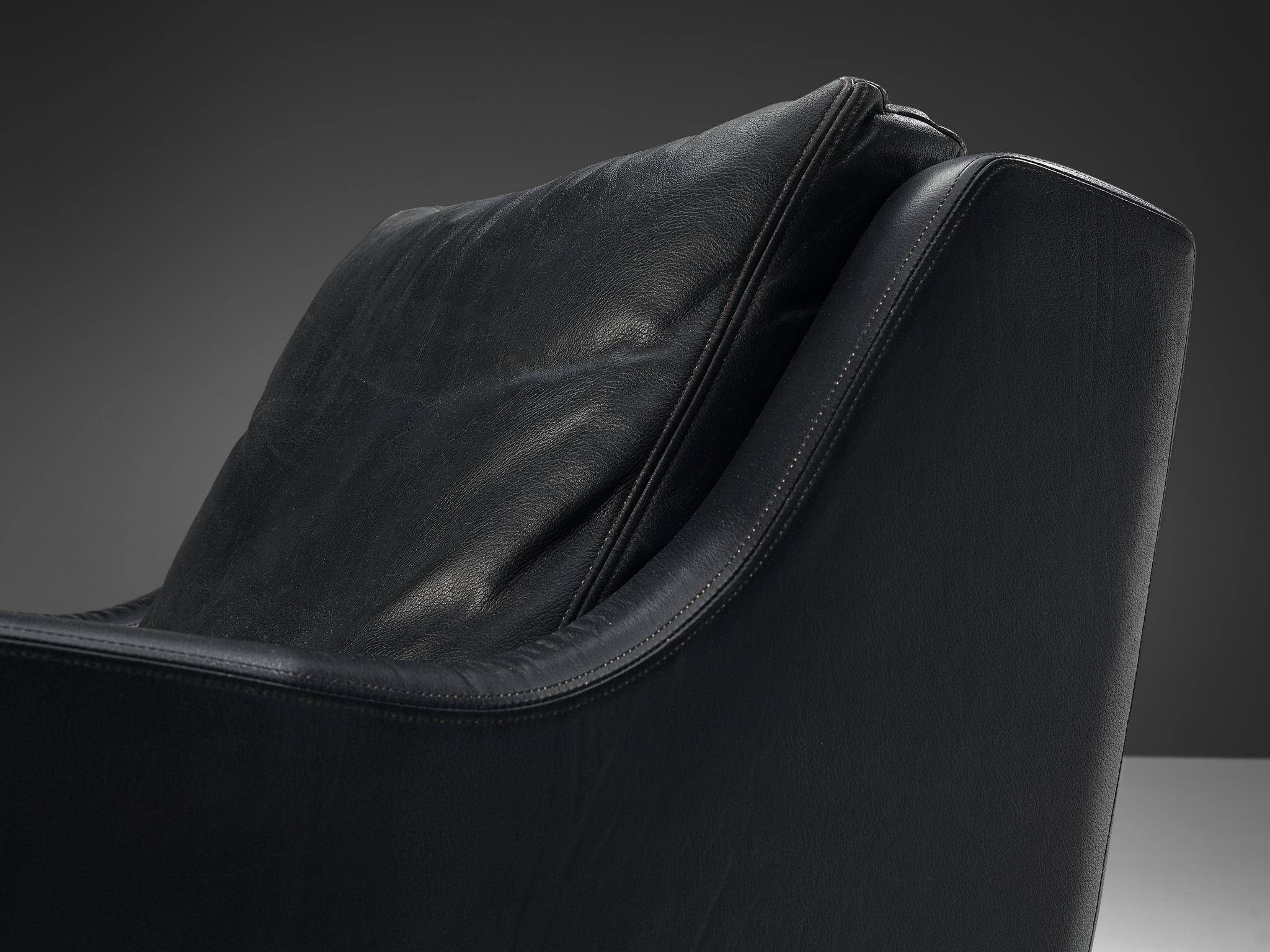 European Streamlined Modern Lounge Chair in Black Leather For Sale