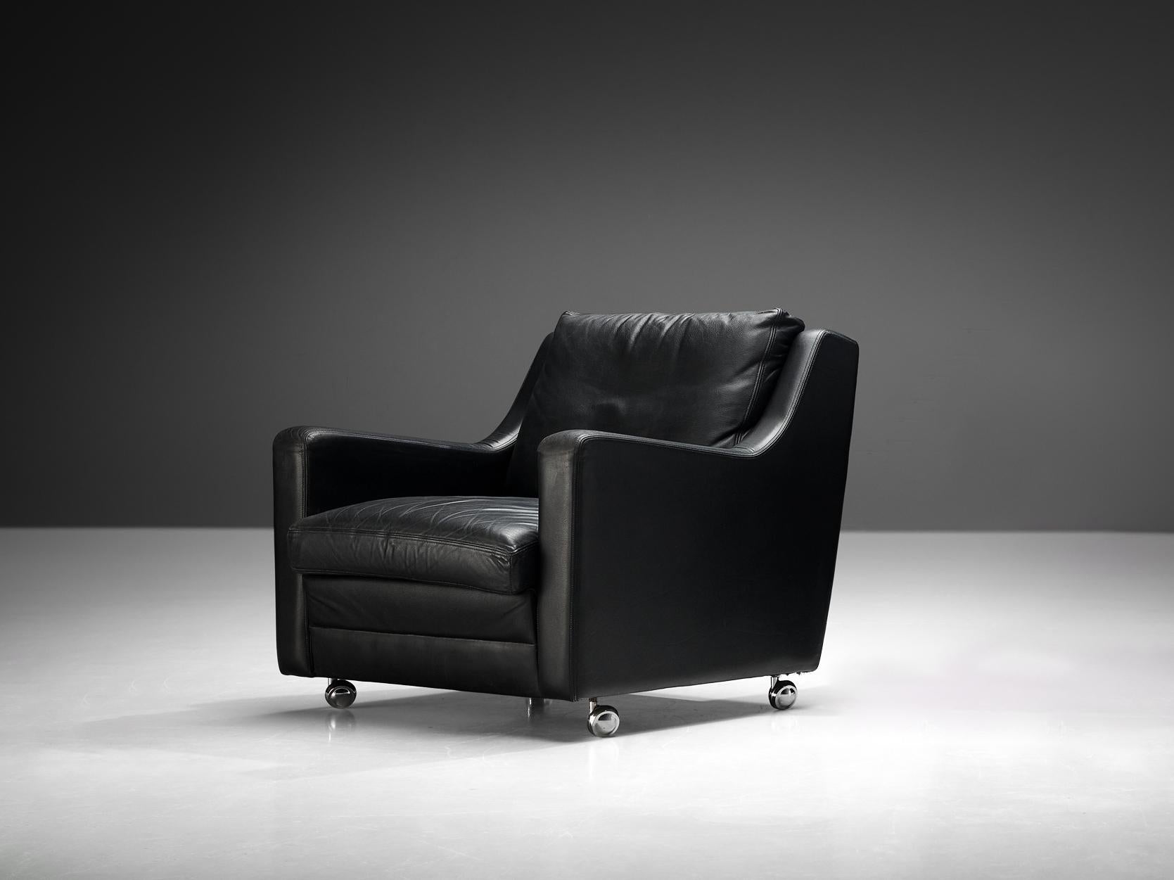 Steel Streamlined Modern Lounge Chair in Black Leather For Sale