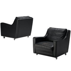 Streamlined Modern Pair of Lounge Chairs in Black Leather