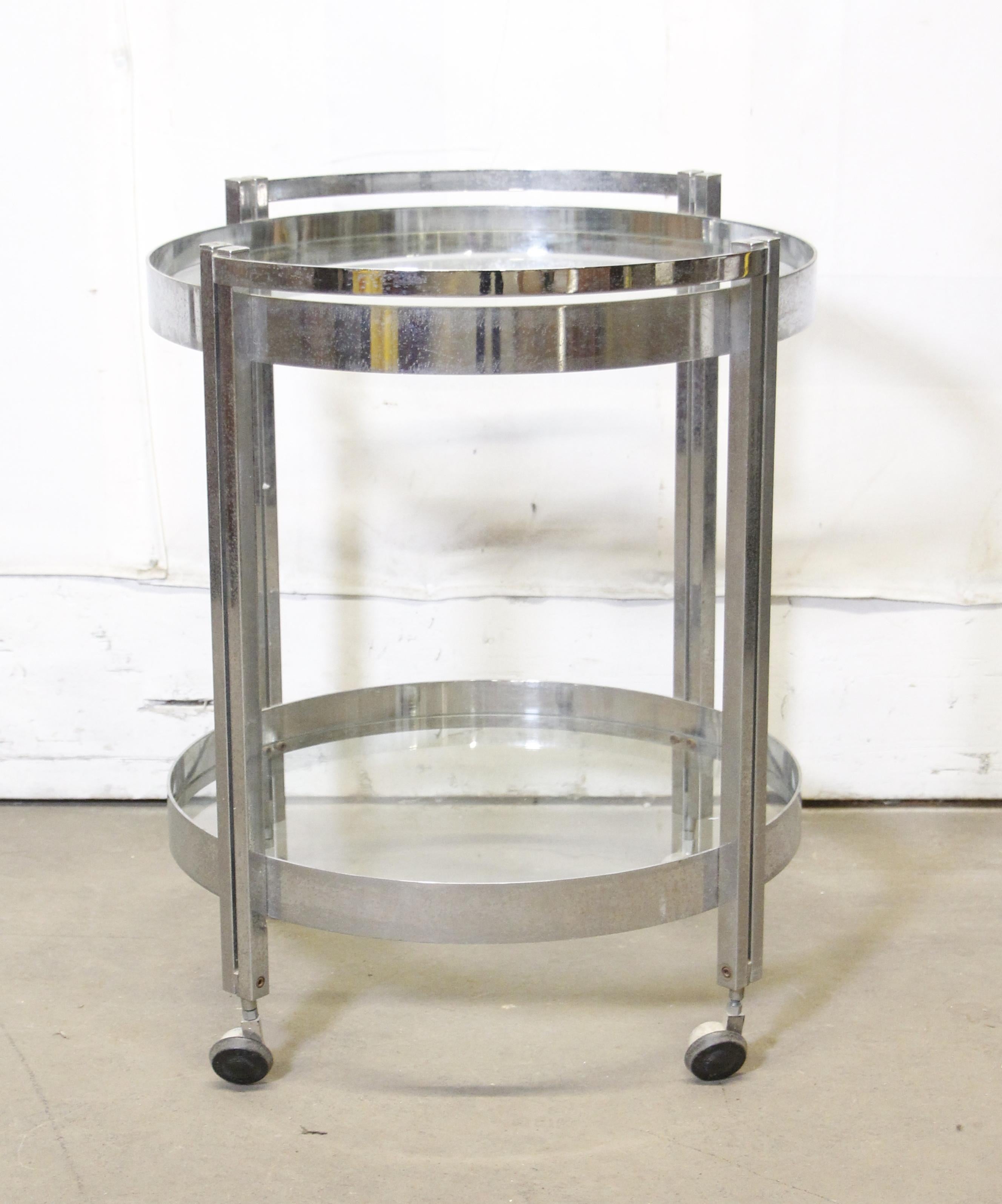 Streamlined Moderne Polished Steel Bar Cart 2 Tier Round Glass Shelves In Good Condition In New York, NY