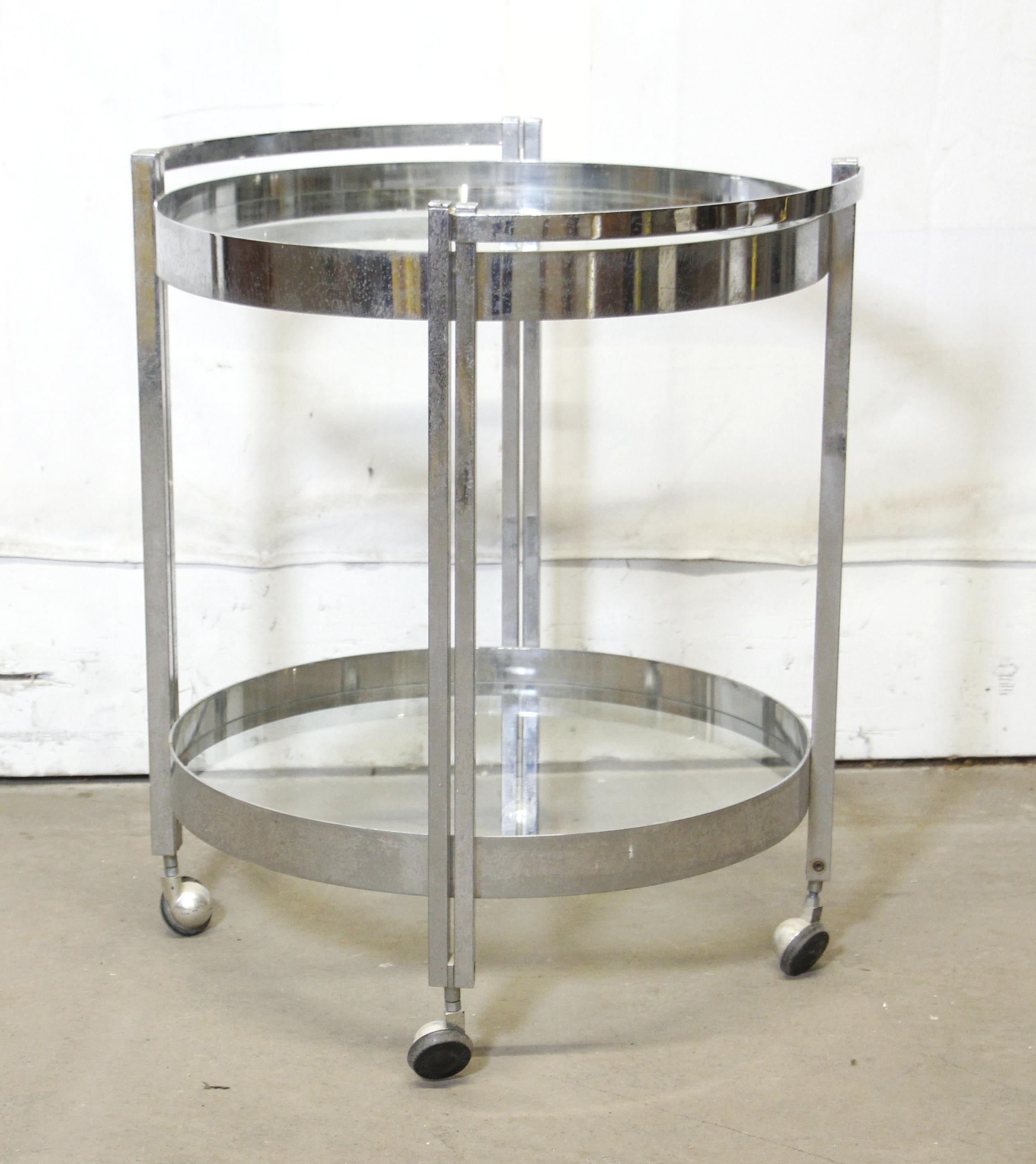 20th Century Streamlined Moderne Polished Steel Bar Cart 2 Tier Round Glass Shelves