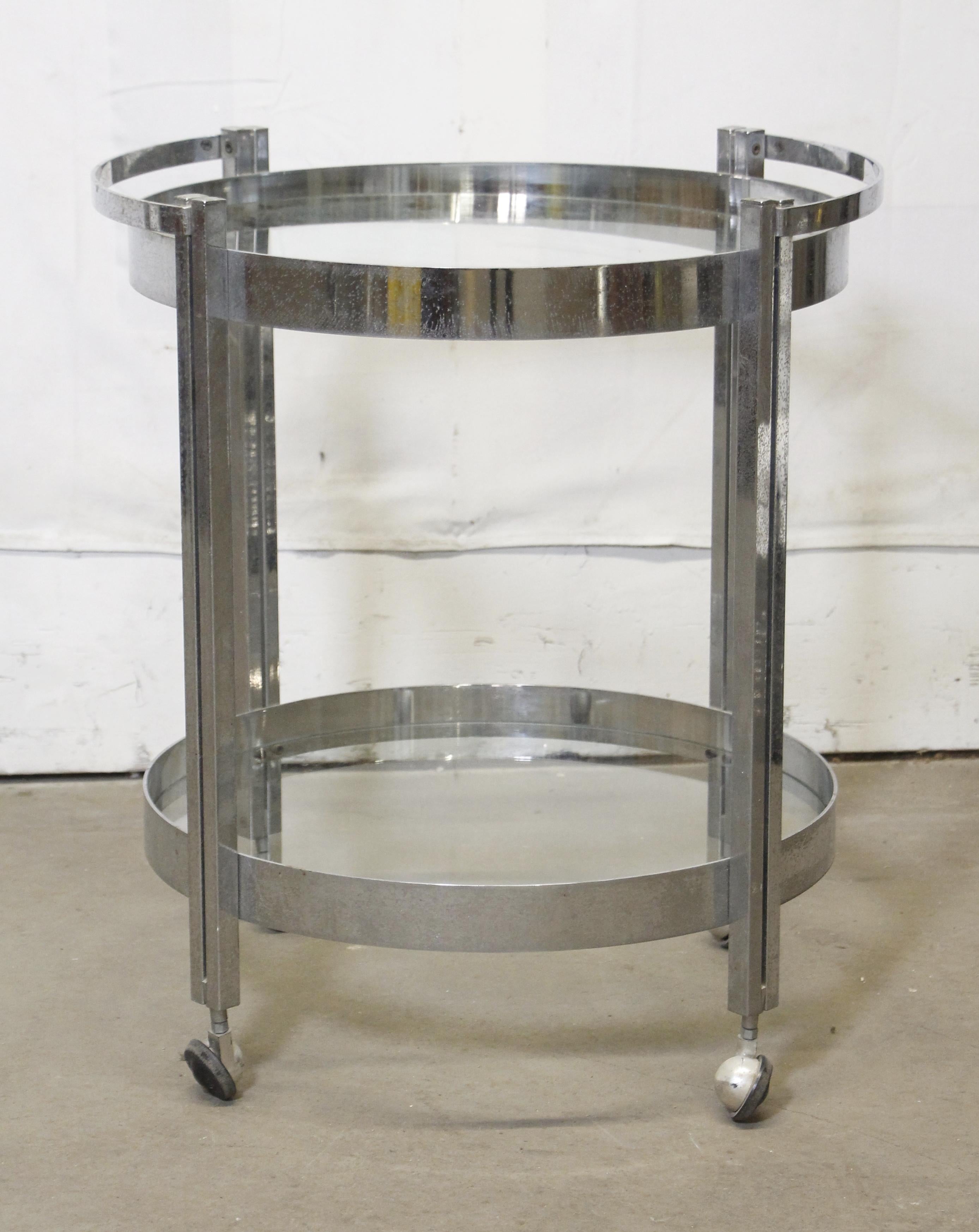 Streamlined Moderne Polished Steel Bar Cart 2 Tier Round Glass Shelves 1