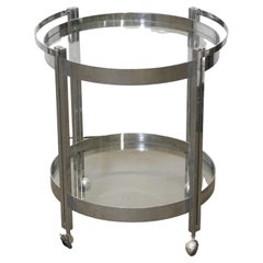 Streamlined Moderne Polished Steel Bar Cart Two-Tier Round Glass Shelves