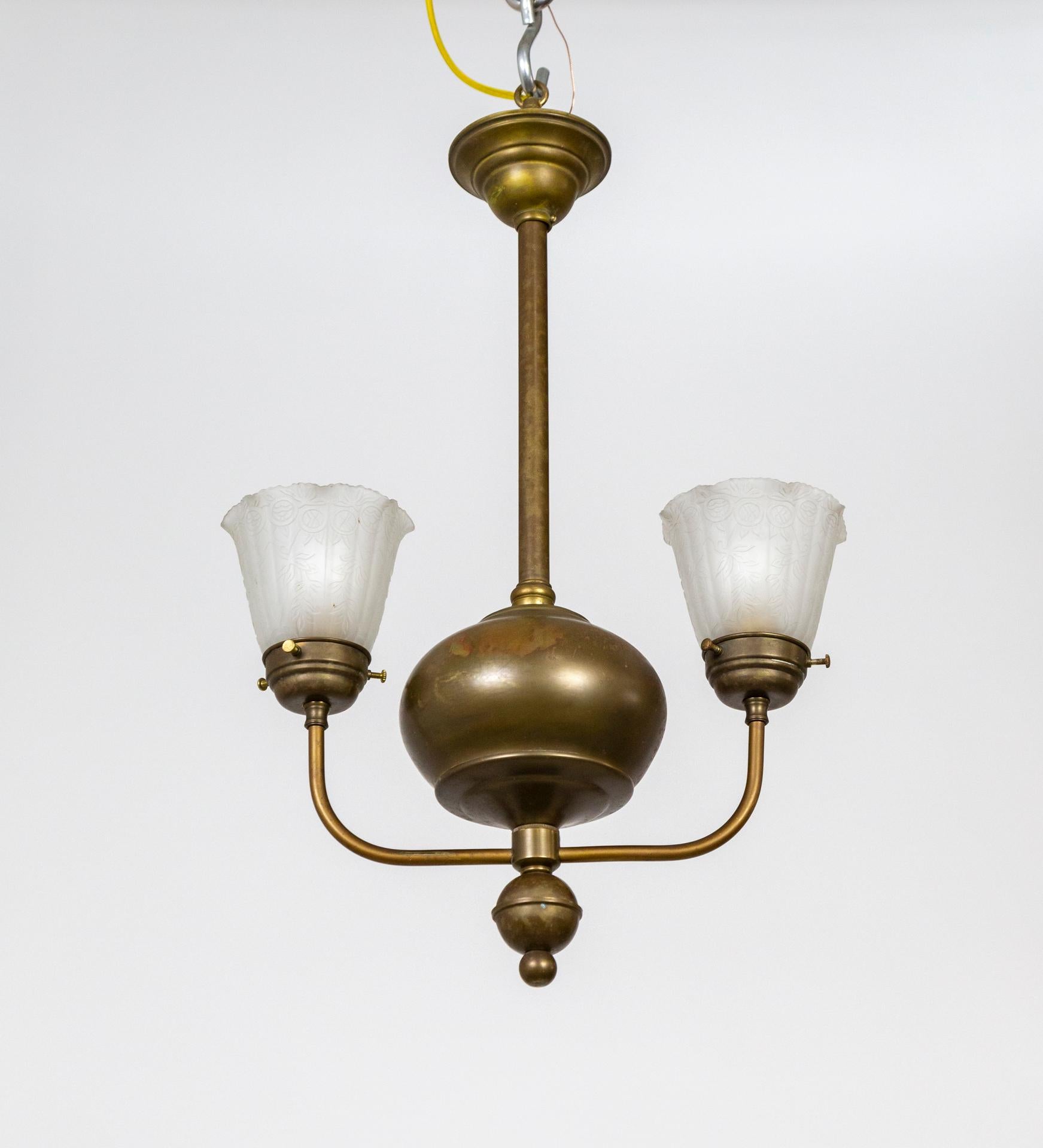 Streamlined Victorian 2-Arm Brass Ball Pendant Chandelier In Good Condition In San Francisco, CA
