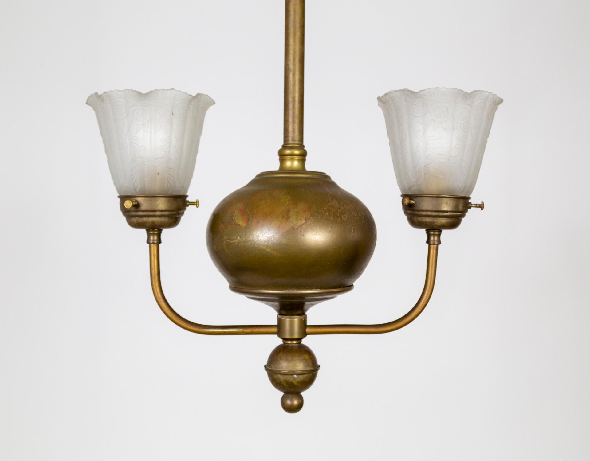 Early 20th Century Streamlined Victorian 2-Arm Brass Ball Pendant Chandelier