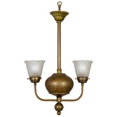 Antique Streamlined Victorian 2-Arm Brass Ball Pendant Chandelier
