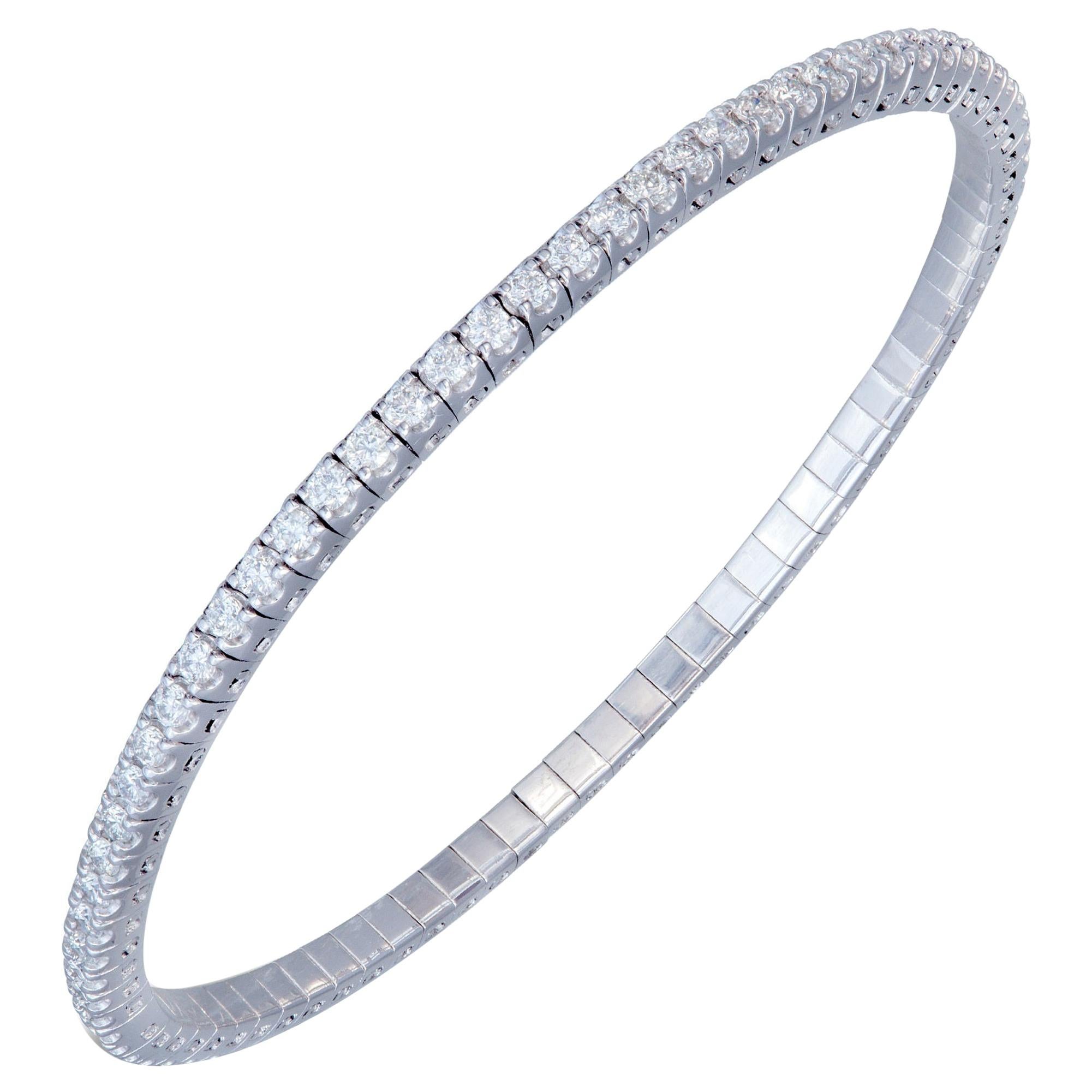 Bracelet jonc tennis extensible en or blanc 18 carats avec diamants 1,69 carat/68 pièces