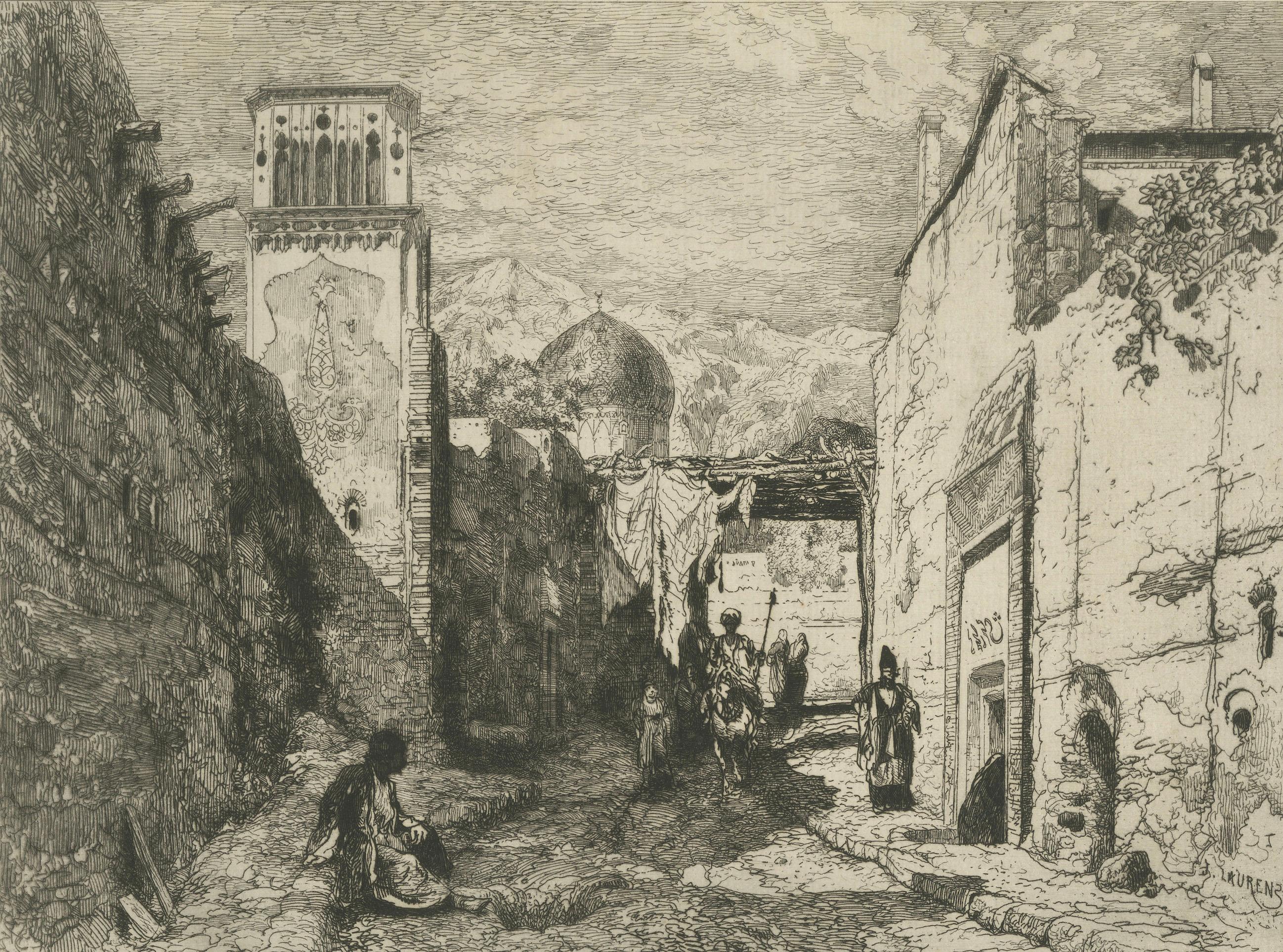 Street in Tabriz, Persia — Orientalist Etching by Jules Laurens, Paris, 1881