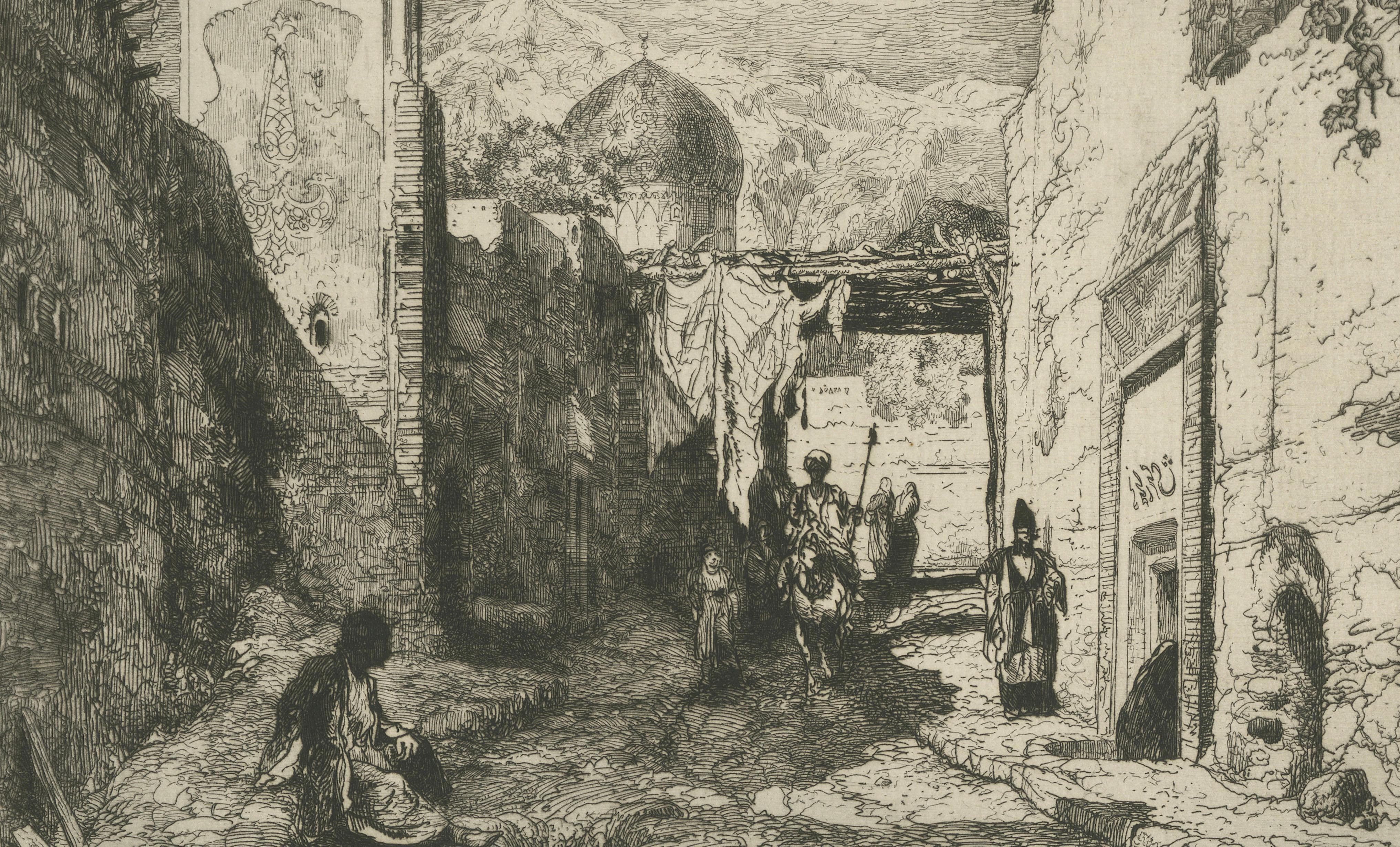 Street in Tabriz, Persia — Orientalist Etching by Jules Laurens, Paris, 1881