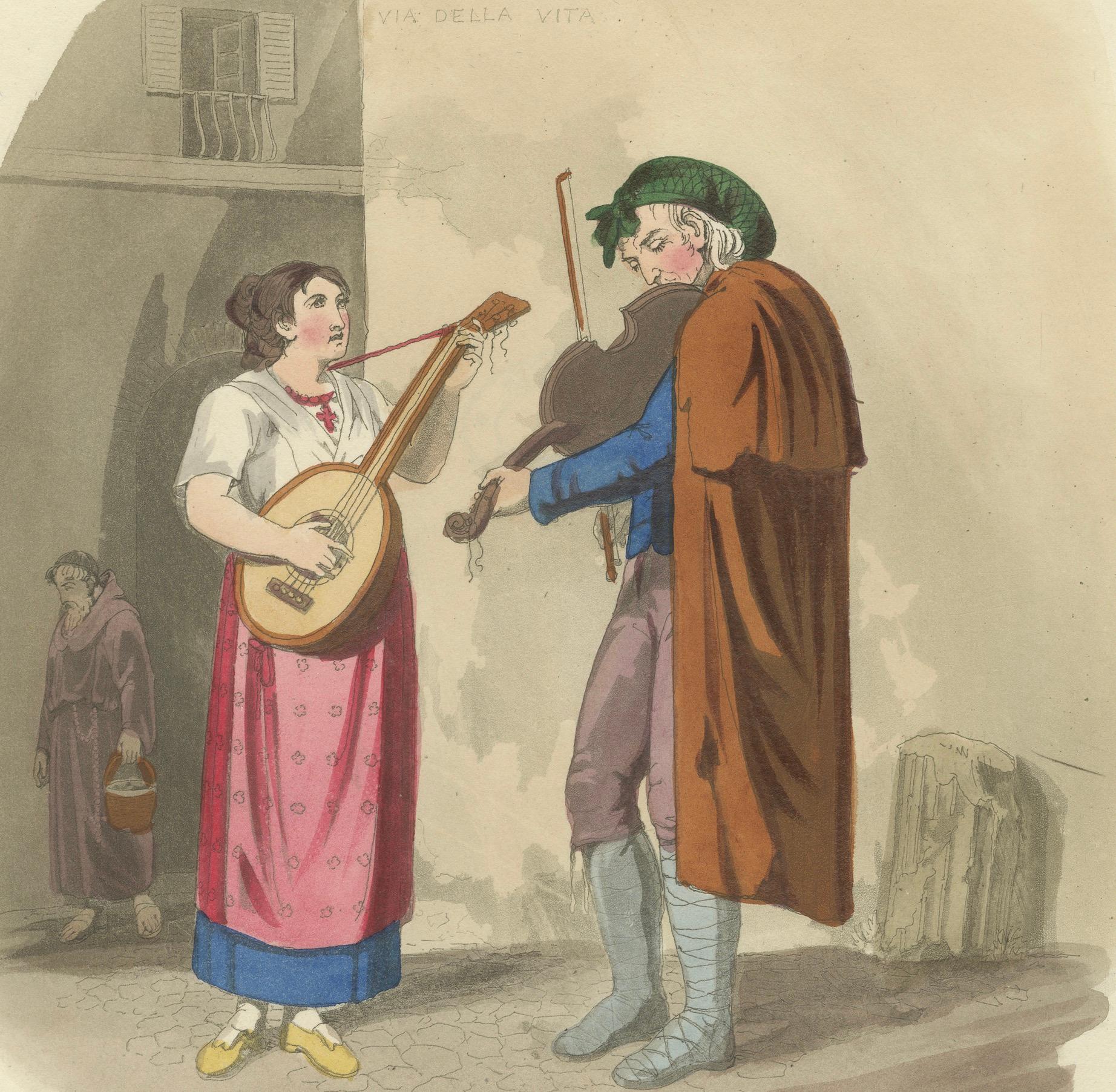 Straßenmusikanten in Rom mit Mandoline und Fiedel, London 1824 im Zustand „Gut“ im Angebot in Langweer, NL