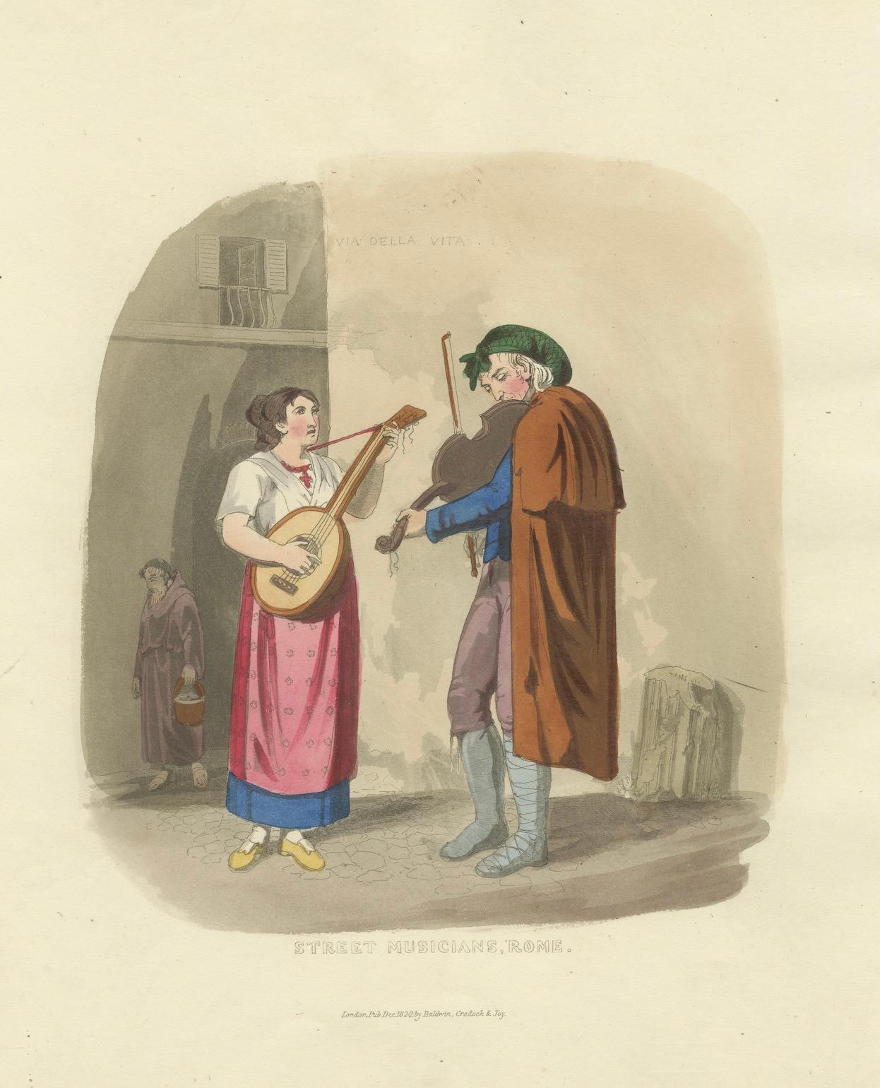 Straßenmusikanten in Rom mit Mandoline und Fiedel, London 1824 (Frühes 19. Jahrhundert) im Angebot