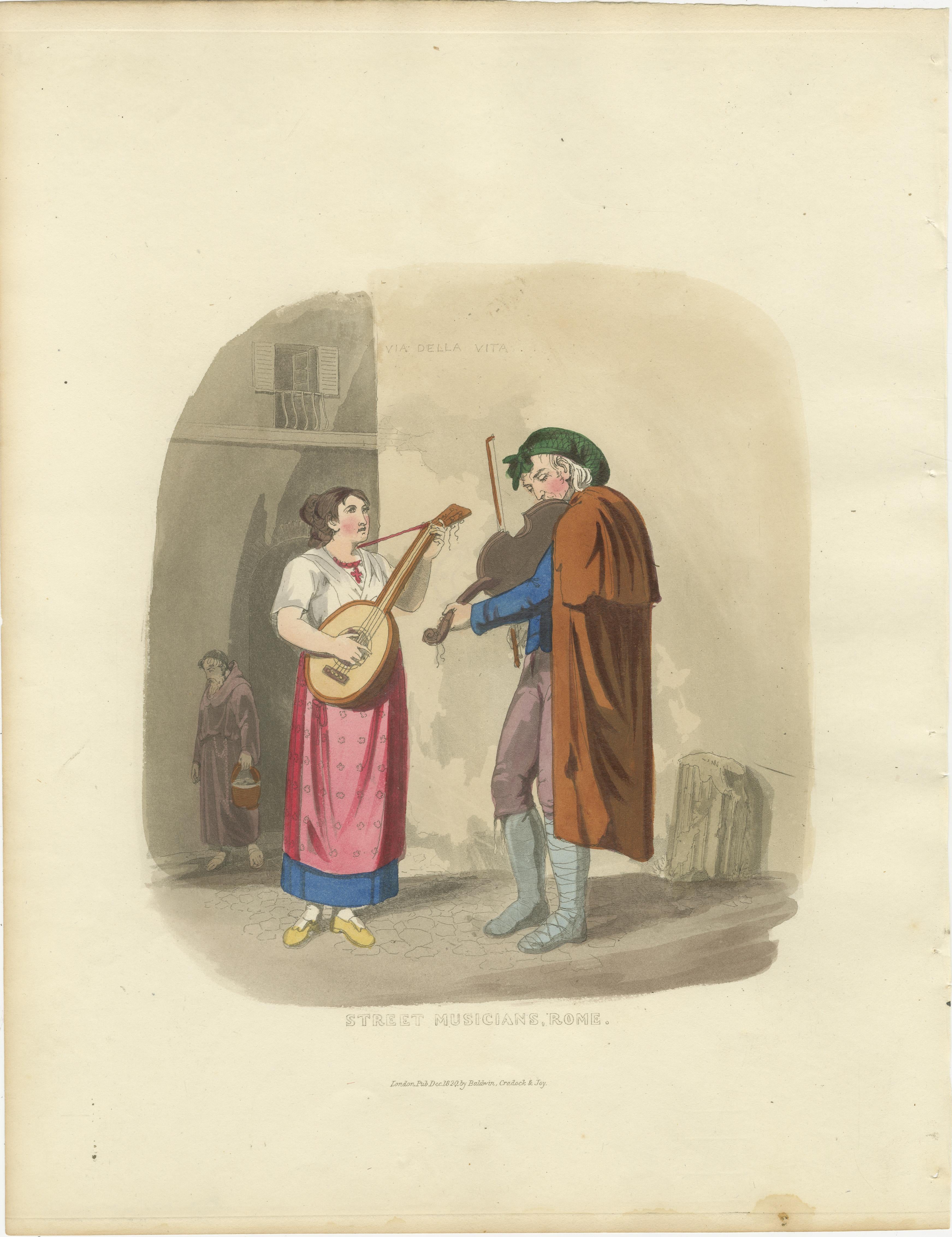 Straßenmusikanten in Rom mit Mandoline und Fiedel, London 1824 (Papier) im Angebot