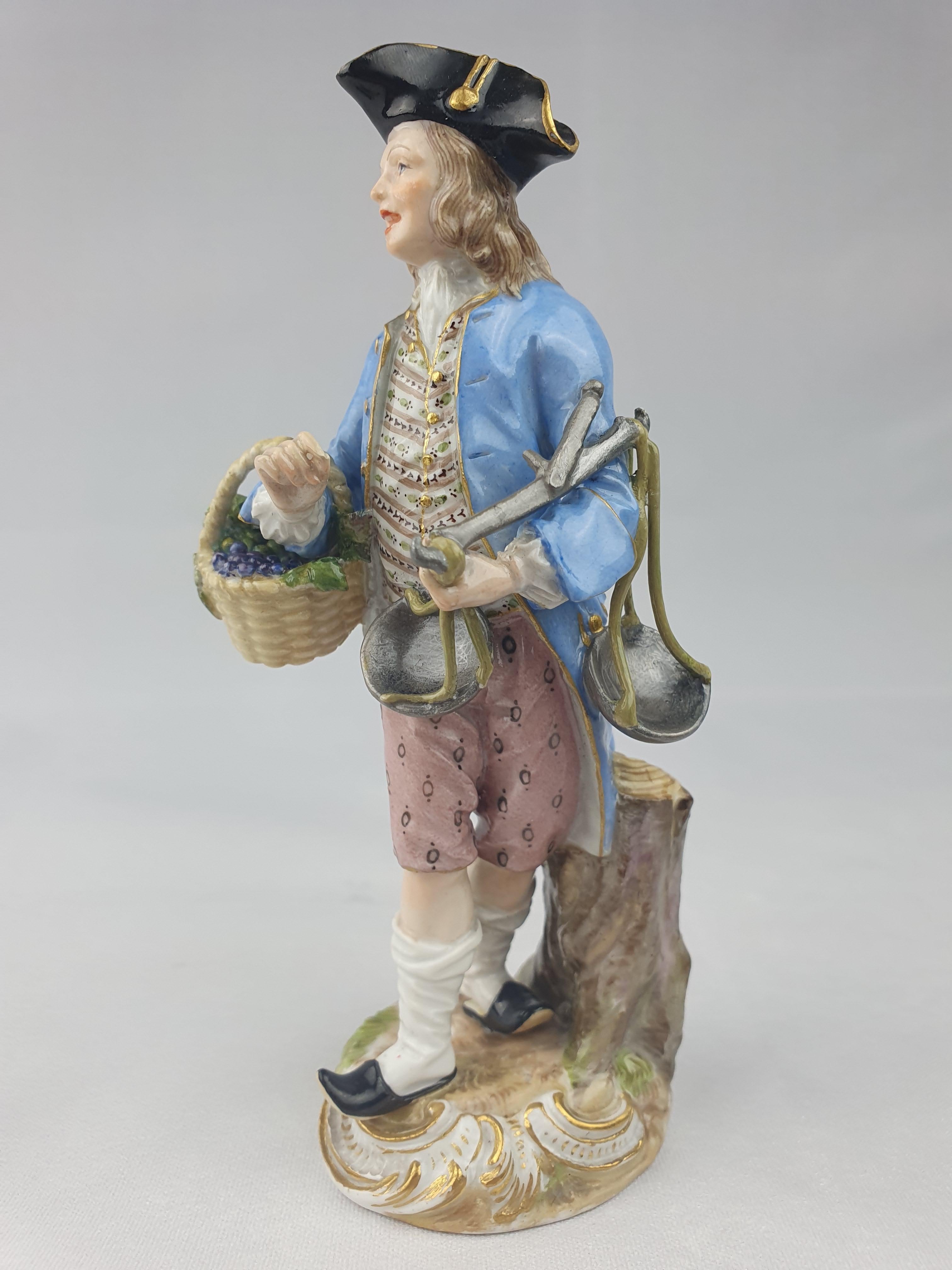 Meissen figure of street trader selling grapes. From the series of 35 figures known as the Cris of Paris. They were based on the drawings of Christopher Huet (1700-1759) originally modelled by Kaendler 1755.

Height – 14.5cm
Model number