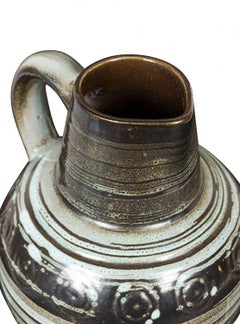 Strehla East German Mid-Century Blue Stripe and Circle Pattern Ceramic Pitcher
