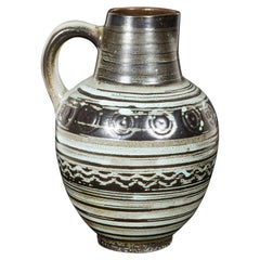 Strehla East German Mid-Century Blue Stripe and Circle Pattern Ceramic Pitcher