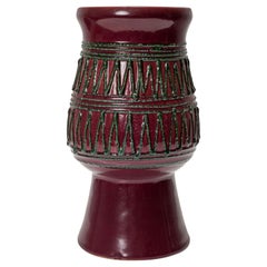 Strehla East German Mid-Century Raised Black Zig-Zag Glazed Footed Ceramic Vase