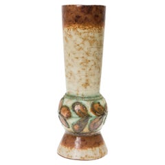 Strehla East German Mid-Century Raised Floral Design and Glazed Ceramic Vase