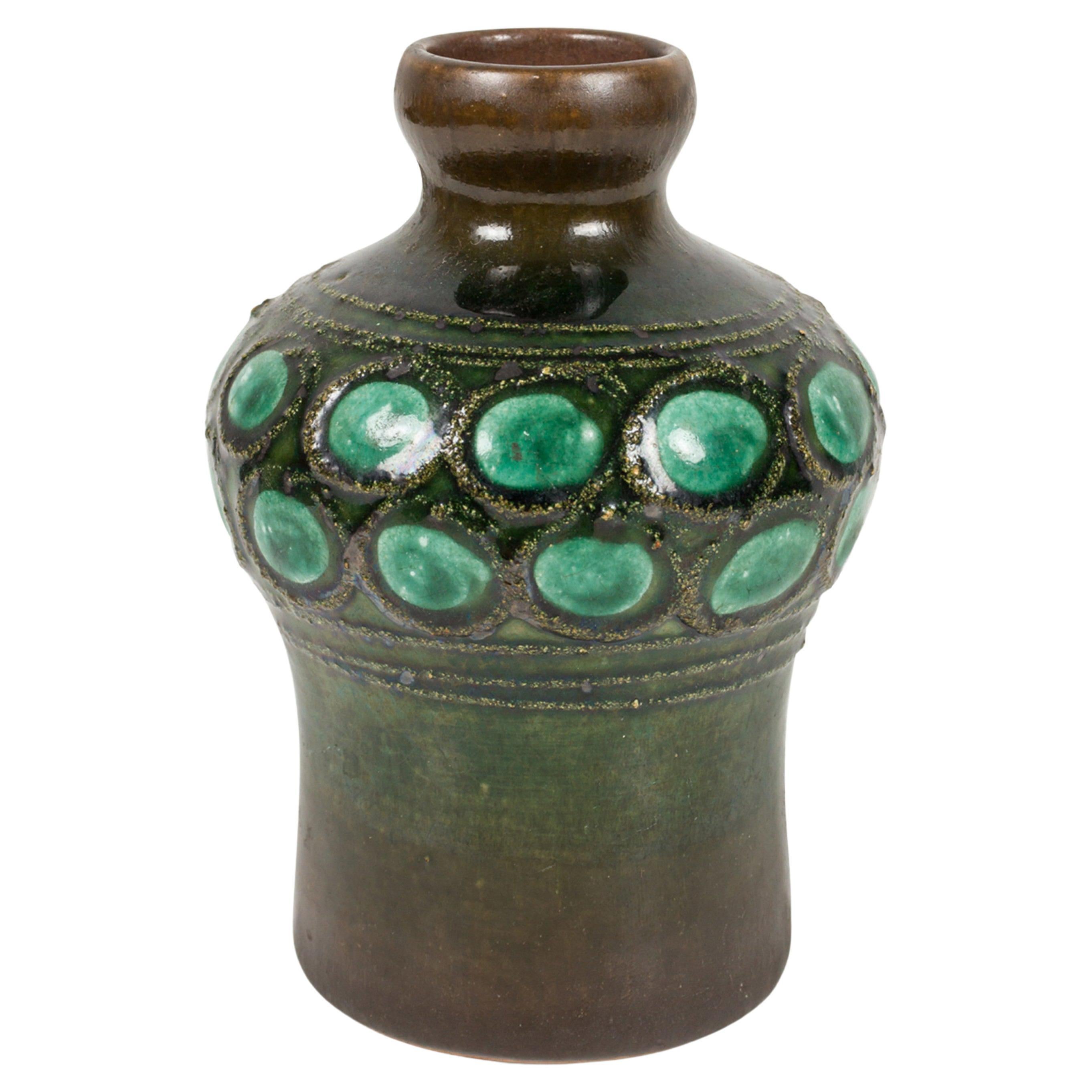 Vase émaillé vert multicolore Strehla Keramik, Allemagne de l'Est, milieu du siècle dernier en vente
