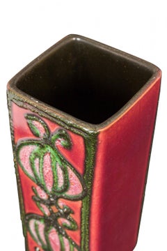 Strehla Keramik East German Mid-Century Raised Design Glazed Square Ceramic Vase