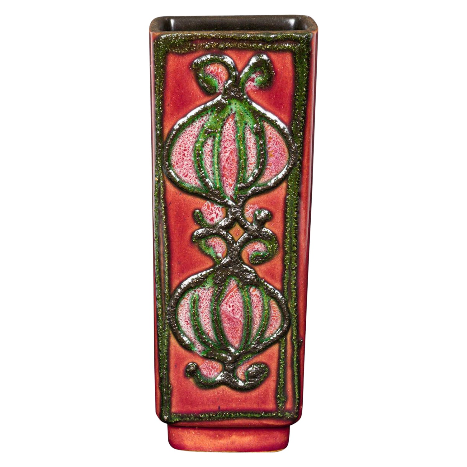 Strehla Keramik East German Mid-Century Raised Design Glazed Square Ceramic Vase For Sale