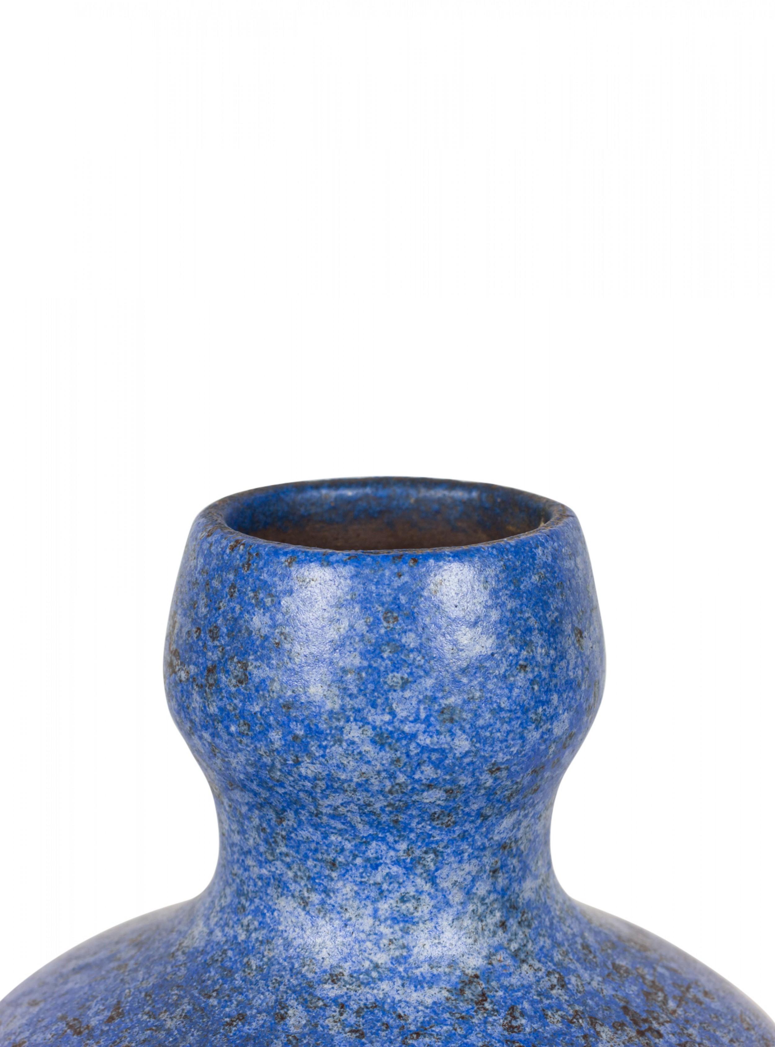 East German Mid-Century bottle-form ceramic vase with a speckled blue glaze. (stamped on bottom, STREHLA 7432).