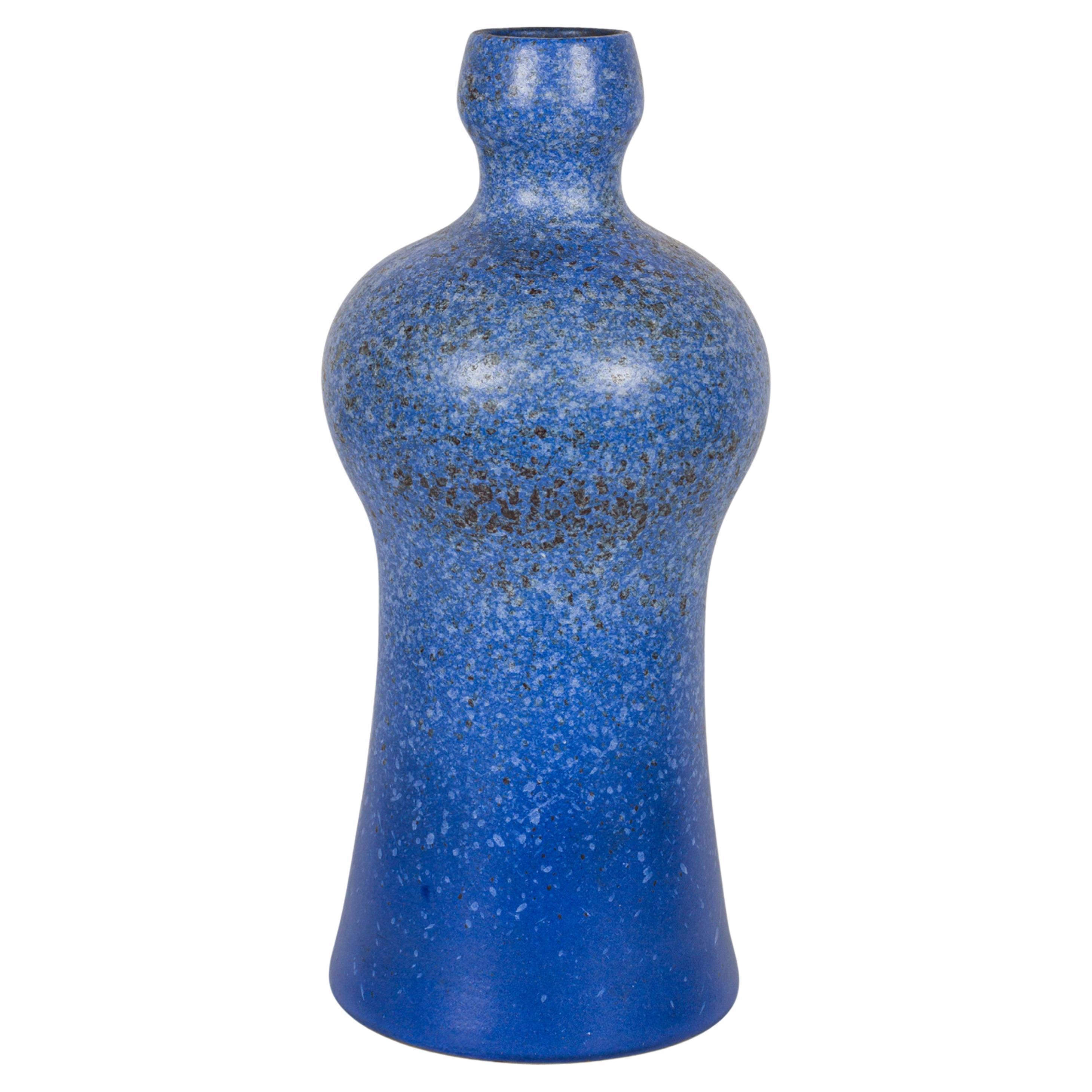 Strehla Keramik East German Mid-Century Speckled Blue Glazed Ceramic Bottle Vase For Sale