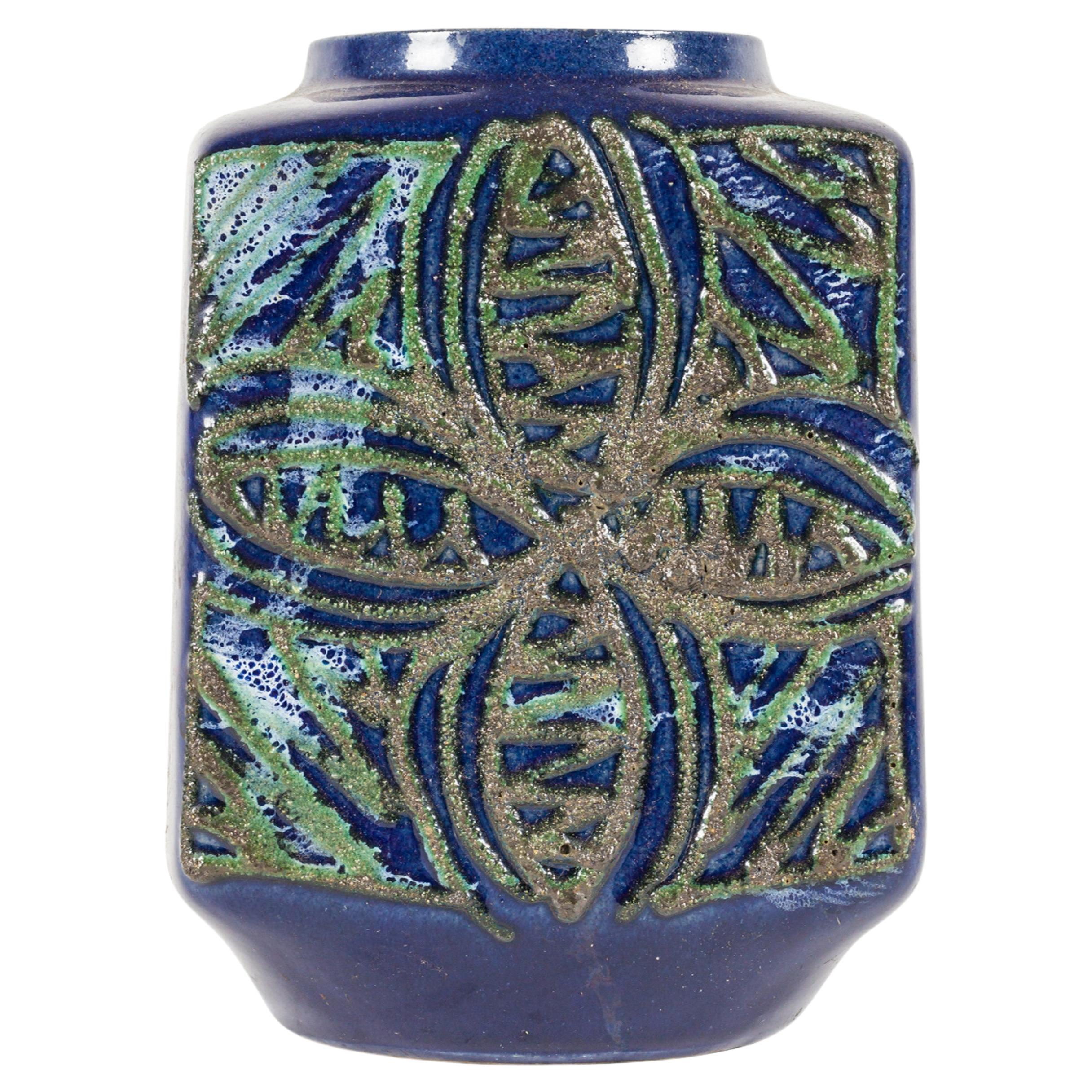 Strehla Keramik East German Raised Blue and Green Clover Pattern Ceramic Vase