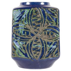 Vintage Strehla Keramik East German Raised Blue and Green Clover Pattern Ceramic Vase