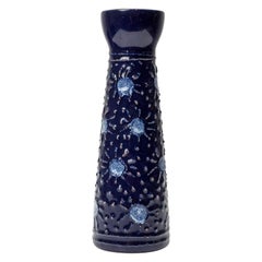 Strehla Keramik East German Raised Sunburst Pattern Blue Glazed Ceramic Vase